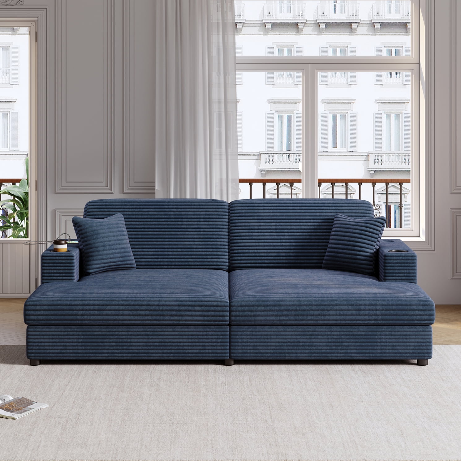 86.5" Oversized Double Lounge Chaise, Upholstered Corduroy Loveseat with 2 Cup Holders and 2 USB Ports, Modern Deep Seat Cloud Couch with Throw Pillows for Living Room, Blue