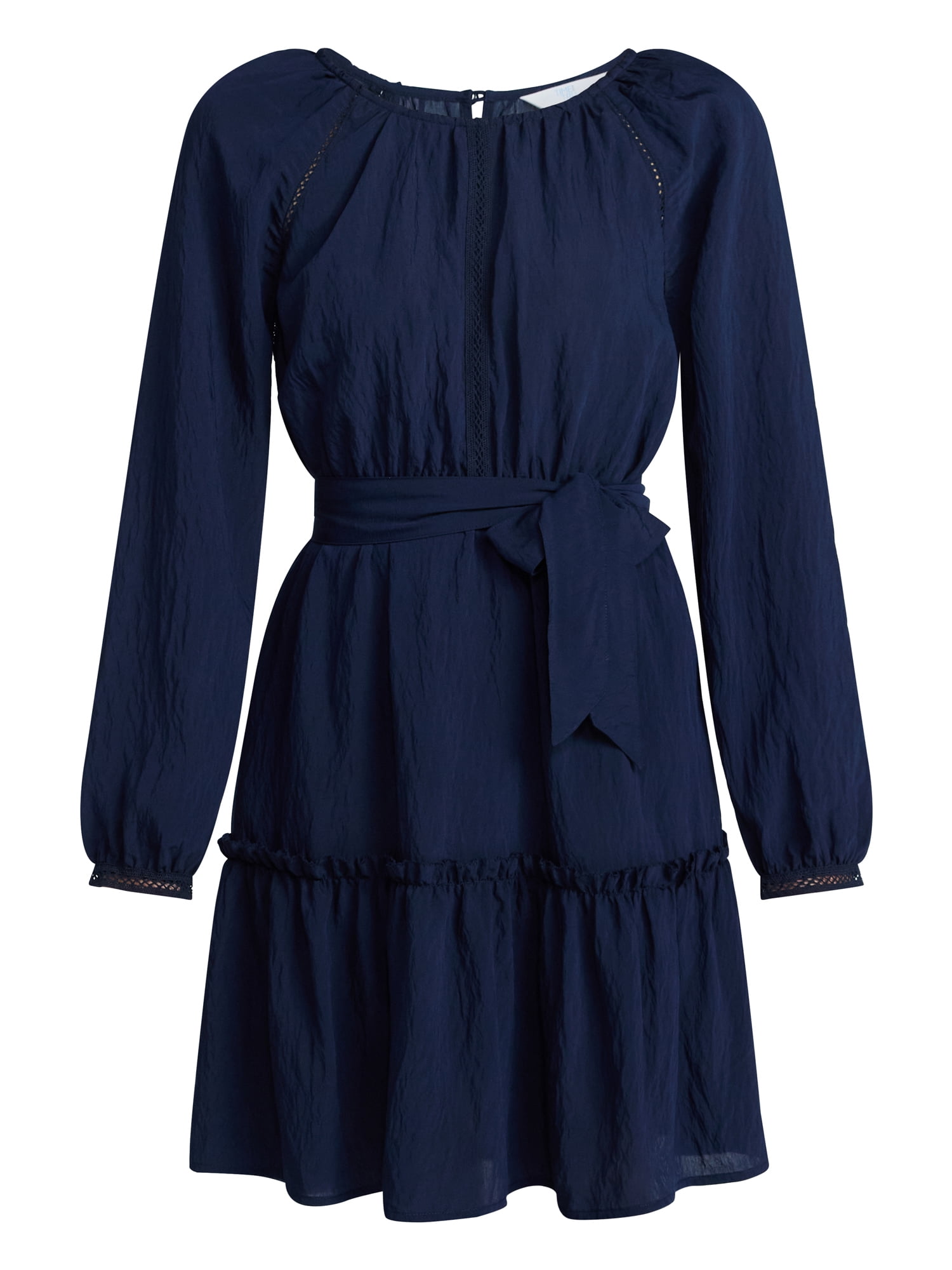 Time and Tru Women's Lace Trimmed Mini Dress with Long Sleeves, Sizes XS – XXXL