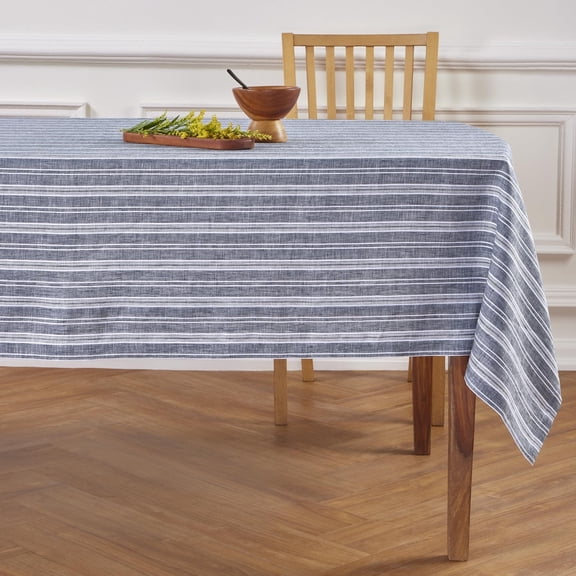 Solino Home Linen Striped Tablecloth 60 x 90 Inch - 100% Pure Linen Navy and White Table Cloth for Rectangle Tables - Chelsea Stripe, Machine Washable Tablecloth for Summer, Fall, Autumn