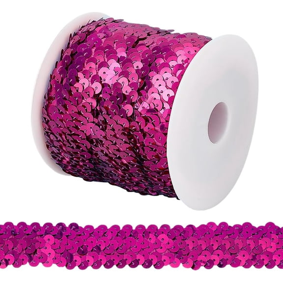 11-Yard 1 Inch Elastic Sequin Trim PVC Fabric Metallic Fuchsia Stretch Sequin Trim 3-Row Fabric Paillette Ribbon Trims for Dress Embellishment and Headband