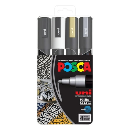 Uni POSCA PC-5M Water-Based Paint Markers, Medium Point (1.8-2.5mm), Assorted Colors, 4 Count