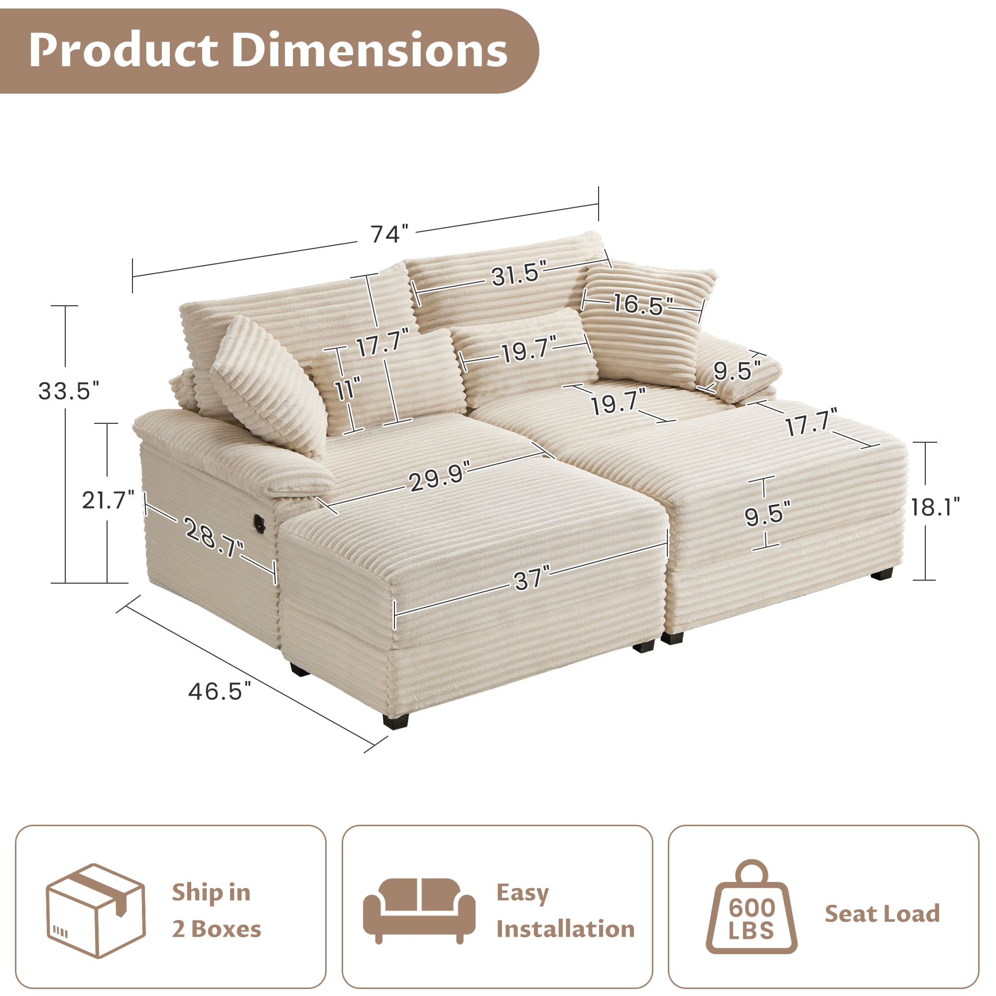 Alvantor 74" Sofa Loveseat with Reversible Ottoman & USB Port Corduroy Chaise Couch for Living Room Beige