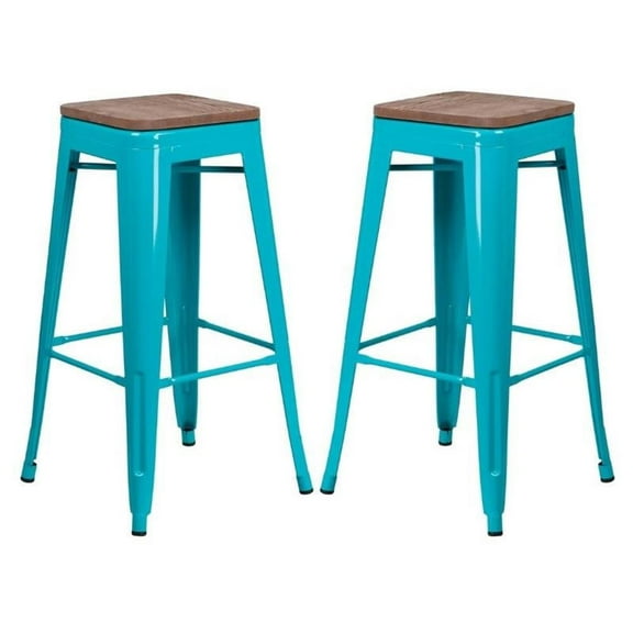 Home Square 30" Backless Metal Bar Stool in Crystal Teal - Set of 2