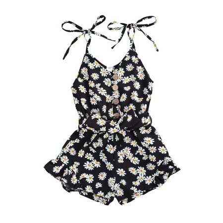 

Binpure Baby Girl Summer Short Romper Button Bowknot Belt Jumpsuit One-piece Print V-neck Sleeveless Bodysuit
