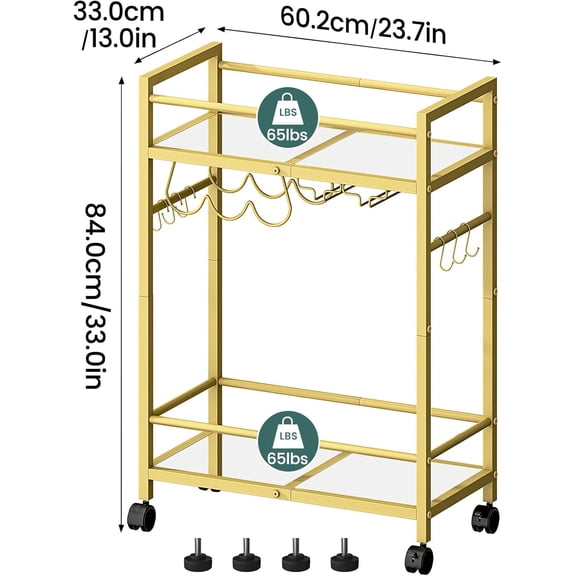 Gold Bar & Beverage Cart – 2-Tier Mirrored Serving Cart with Wine Rack & Glass Holders, Limited Offer, Elegant & Functional Rolling Cart for Kitchen or Dining Room