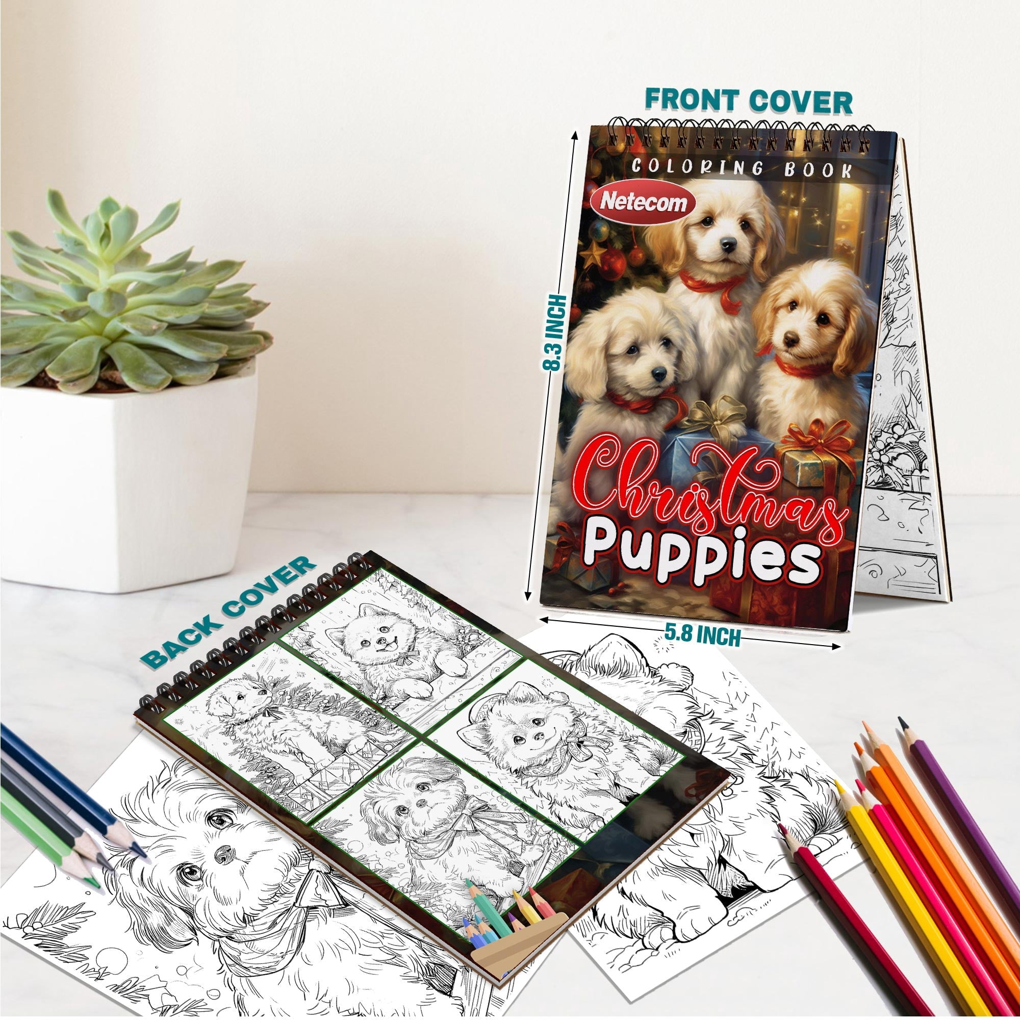 Netecom Christmas Puppies Coloring Book Spiral Bound for Adults, A5 Wooden Cover, 30 Adorable Coloring Pages of Puppies in Winter Scenes for Stress Relief and Relaxation