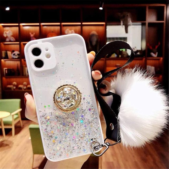 Étui avec Béquille à Anneau Pailleté Compatible avec Support Bling Scintillant en Diamant Strass et Dragonne Boule de Fourrure Duveteuse pour Filles Femmes (Huawei nova7se)
