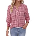 thumbnail image 3 of Fantaslook Plaid Womens Button Down Shirts 3/4 Sleeve V neck Tops with Smocked Cuffs Dressy Cotton Blouses, 3 of 10