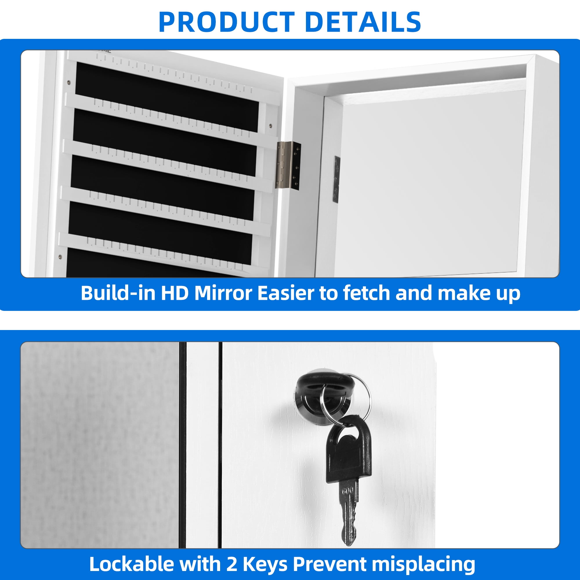 Uforic 360 Spinning Lockable Jewelry Armoire with Free-Standing Mirror, White