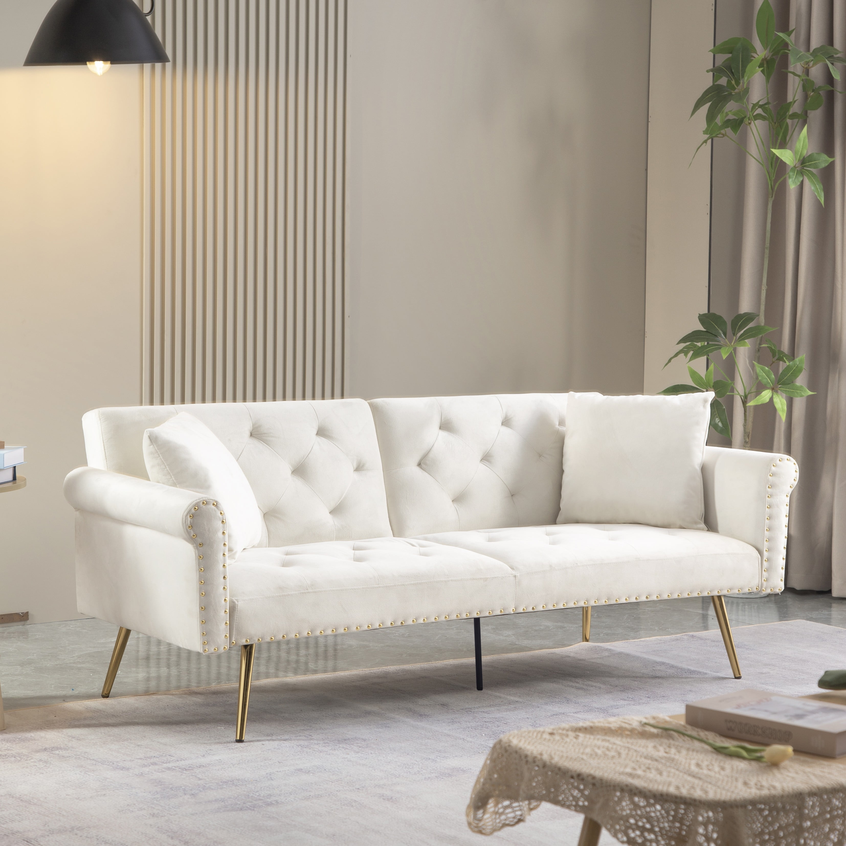 Convertible Futon Sofa Bed,Velvet Upholstered Nailhead Loveseat Sofa with Two Pillows,Modern Sleeper Couch Bed for Living Room,Bedroom,Beige