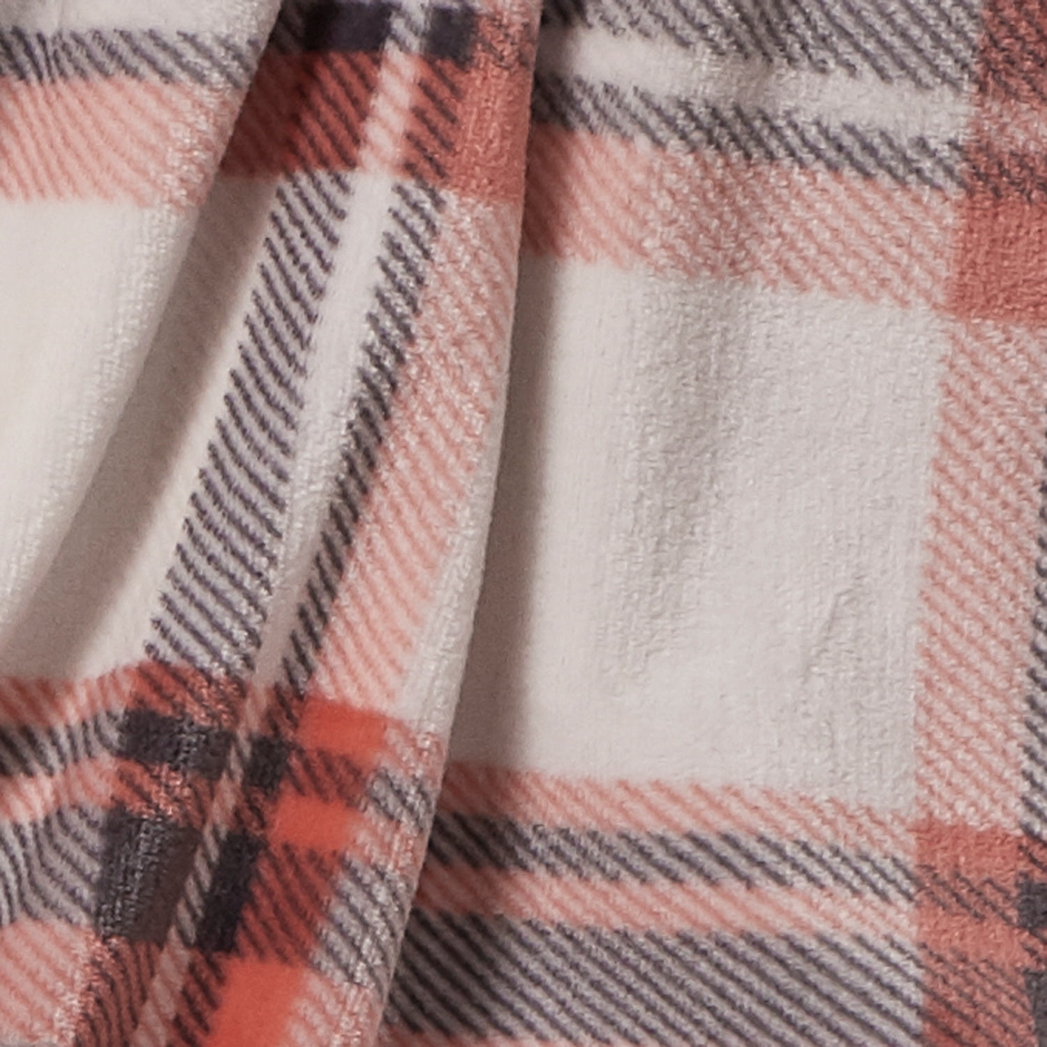 Cuddl Duds Oversized Throw Blanket with a Sherpa Foot Pocket, 50" x 70", Burnt Coral and Gray Plaid
