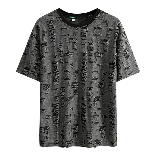 Hiiyo Men's Plus Size Distressed Ripped T-Shirt Short Sleeve Crew Neck T Shirt Versatile Pullover T-Shirt