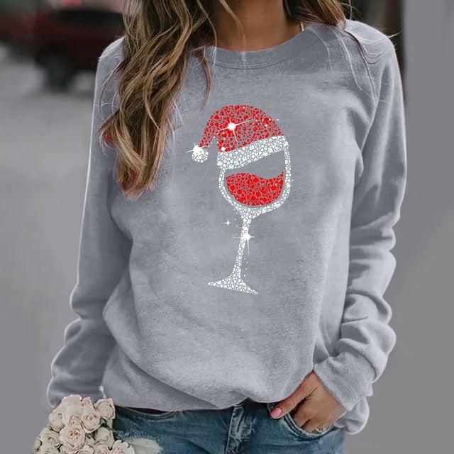 jsaierl Chandails de Noël pour Femmes Mignons, Chandails Décontractés Amples pour Femmes, Chandails de Noël Rouges en Verre à Manches Longues, Chandails Doux Amples