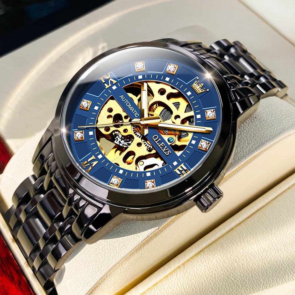 OLEVS Skeleton Watches for Mens Automatic Mechanical self Winding Diamond Luxury Business Dress Stainless Steel Waterproof Luminous Mens Wrist Watches Reloj Para Hombre Blue/White/Black/Gold Dial