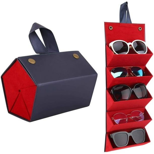 Estuche para gafas con compartimentos, estuche para guardar gafas de sol, estuche plegable, organizador portátil para gafas para hombres y mujeres (negro y rojo)