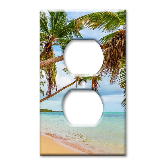 Art Plates Duplex Outlet Cover Decorative Metal Wall Plate - Beach Palm Trees Over the Water - (Made in USA)