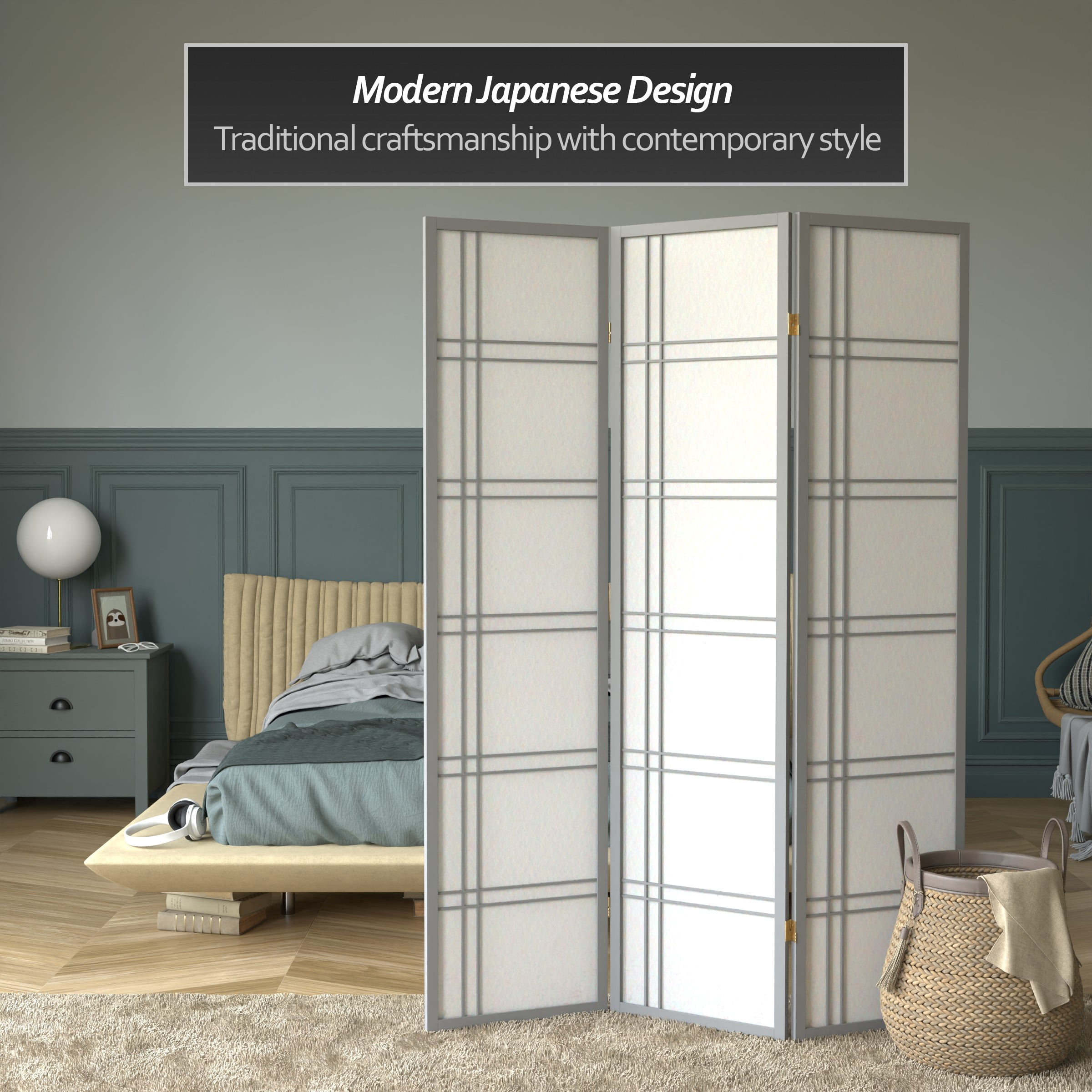 6 ft. Tall Grey Special Edition Shoji Screen with Double Cross Design - 3 Panels