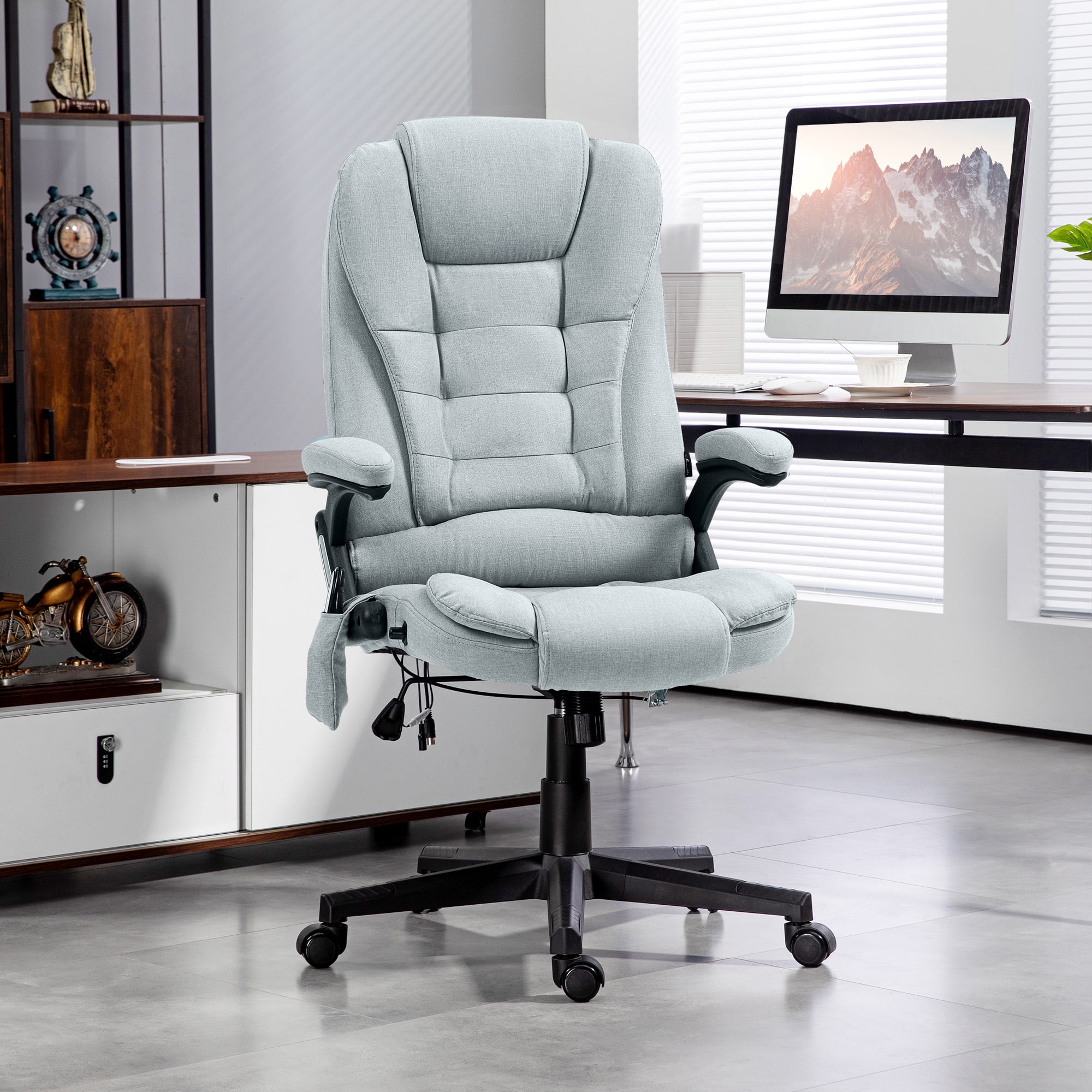 Vinsetto 6 Point Vibrating Massage Office Chair with Heat, Linen High Back Executive Office Chair with Reclining Backrest, Armrests, Light Gray