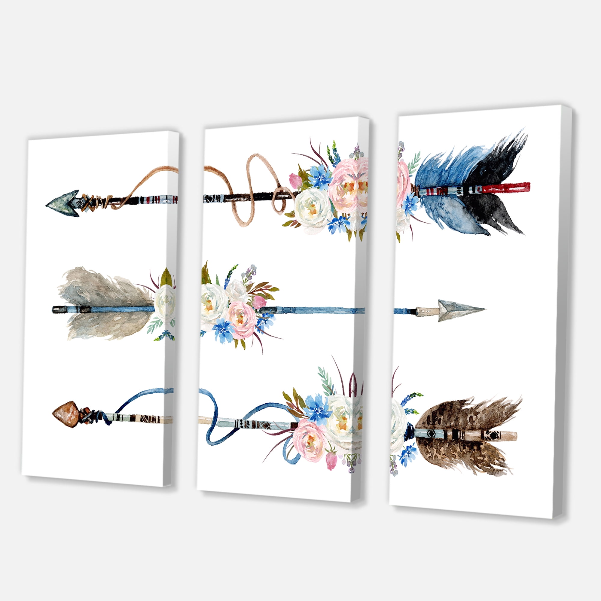 Designart ' Flowers and Ethnic Feathers On Native Arrows I ' Bohemian & Eclectic Canvas Wall Art Print