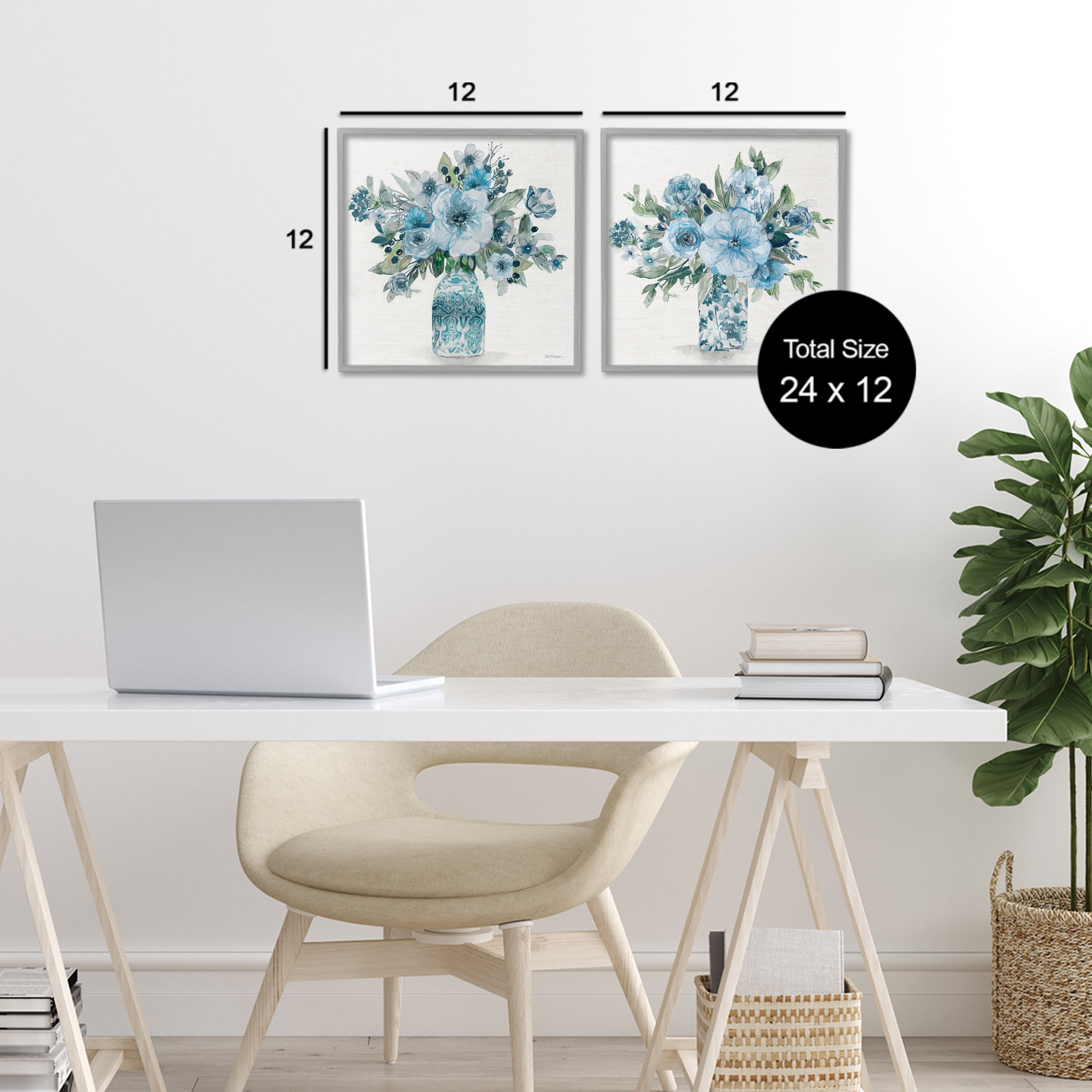 Stupell Industries Pastel Blue Floral Vase Arrangements 2 Piece Gray Framed Giclee Art Set, design by Carol Robinson