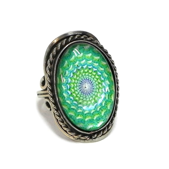 New Age Psychedelic Mandala Graphic Oval Acrylic Cabochon Silver Metal Border Adjustable Ring - Womens Fashion Handmade Jewelry Boho Accessories