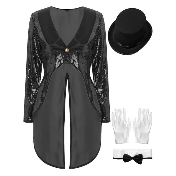 TiaoBug Women Magician Outfit Sparkly Sequin Tailcoat Showman One-Button Tuxedo Jacket with Hat Black XXL