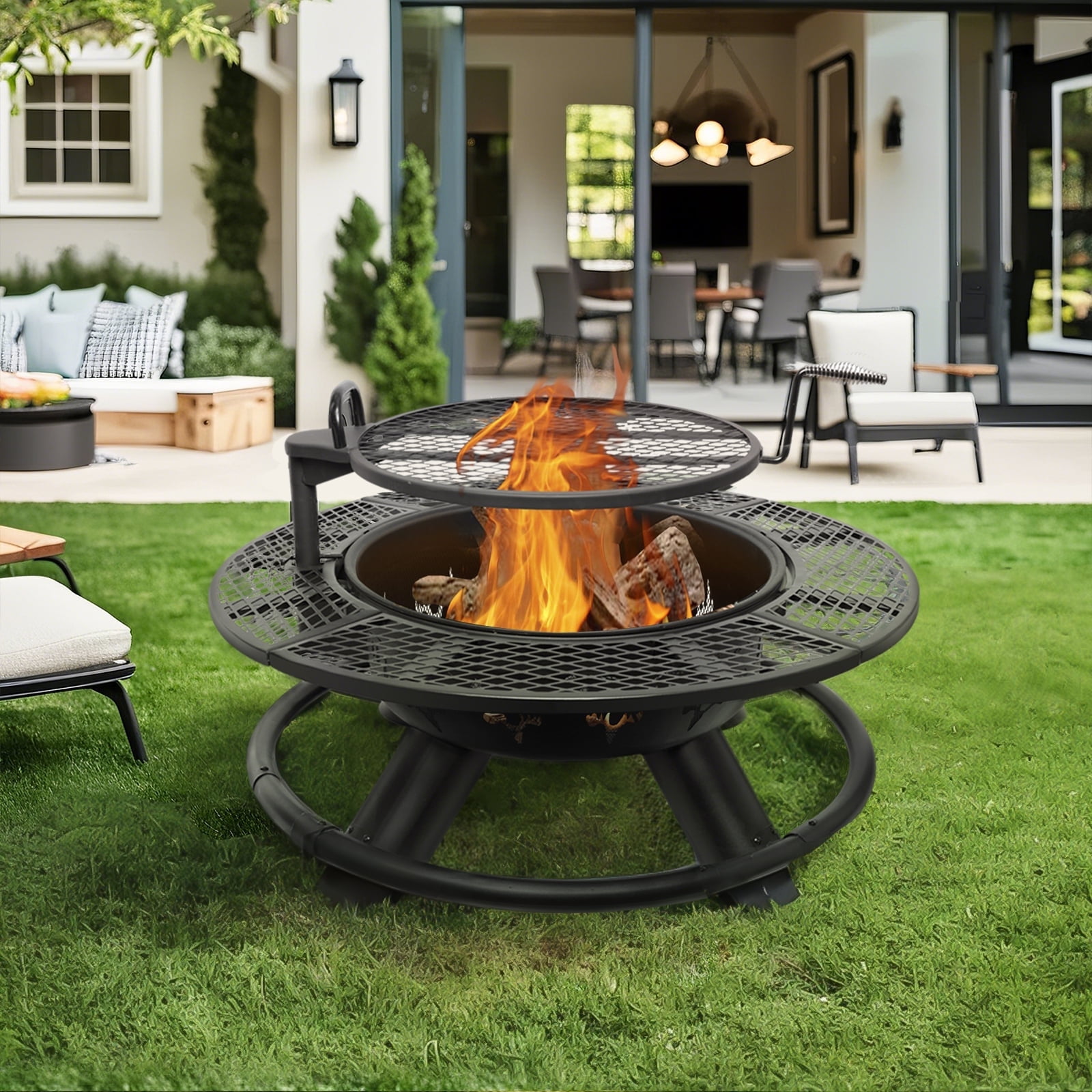 Bestier Fire Pit with Grills Grate, 47″ Outdoor Firepit for Outside Wood Burning, Round Metal Fire Pits for Patio, Picnic, Party, BBQ, Deer Head Style