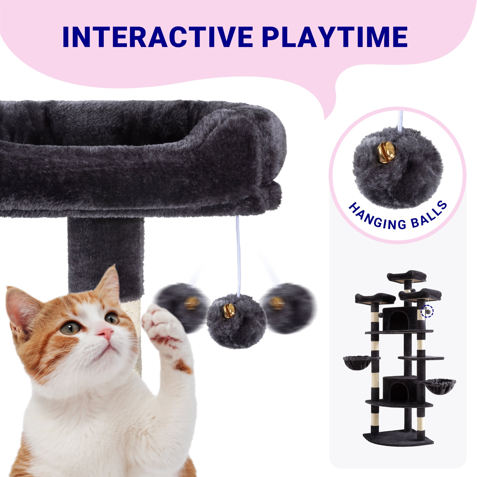 Allewie 73in Fan-Shaped Space-Saving Corner Cat Tower, Multi-Level Tall Cat Tree for Indoor Kitties, Cozy Baskets, Condos, House, Perches, Sisal Scratching Posts, Dark Grey