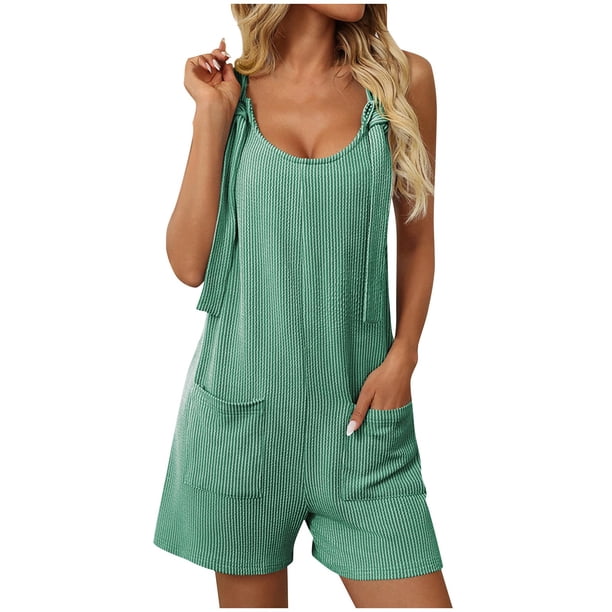 Camisetas Cortas para las Mujeres sin Mangas Cuello Redondo Sólido con Bolsillos, Casual una Pieza Romper Poliéster