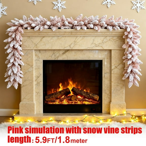 Pink Snow Flocked Christmas Garland | Artificial Frosted Pine Garland with Snowflake Accents | 71-Inch Winter Holiday Decor for Mantle & Tree