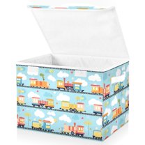 Yayeee Collapsible Cube Storage Bin with Lid Fabric Closet Decorative Basket with Handles, Cartoon Train Pattern