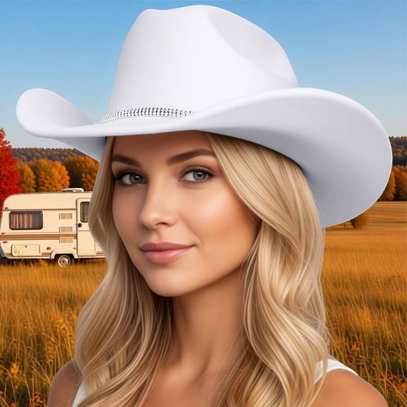 Western Style Cowboy Hat for Travel Sun Rhinestones Wide Brim Headwear for Casual Home and Outdoor Use, White