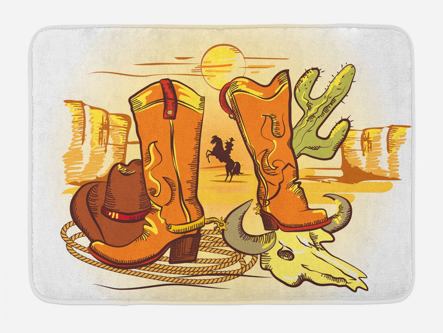 Western Bath Mat, Illustration of Old Wild West Elements with Rope