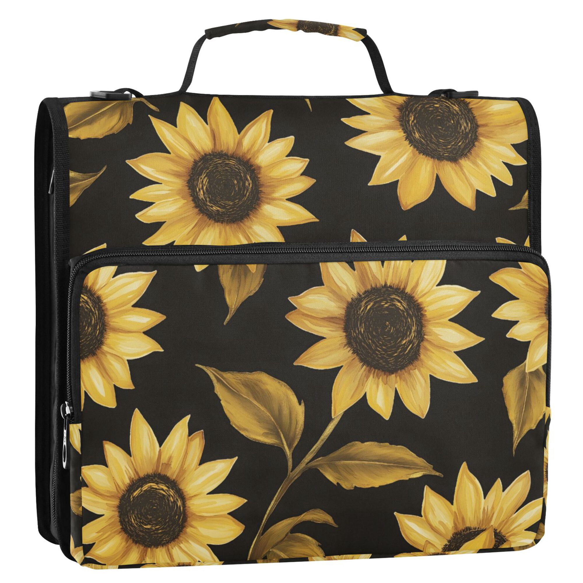 FORMRS Zipper Binder with Shoulder Strap 2-inch Ring 500 Sheet Capacity File Bag, Black Sunflower Pattern