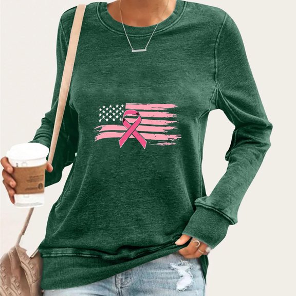 AnuYalue Breast Cancer Survivor Long Sleeve Shirts for Women Pink Ribbon USA Flag Tops in October Inspirational Clothes