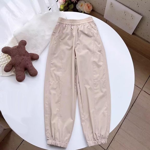 Riecok Girls Wide Leg Sweatpants Elastic Waist with Pockets Solid Color Casual Trackpants Khaki 13 Years