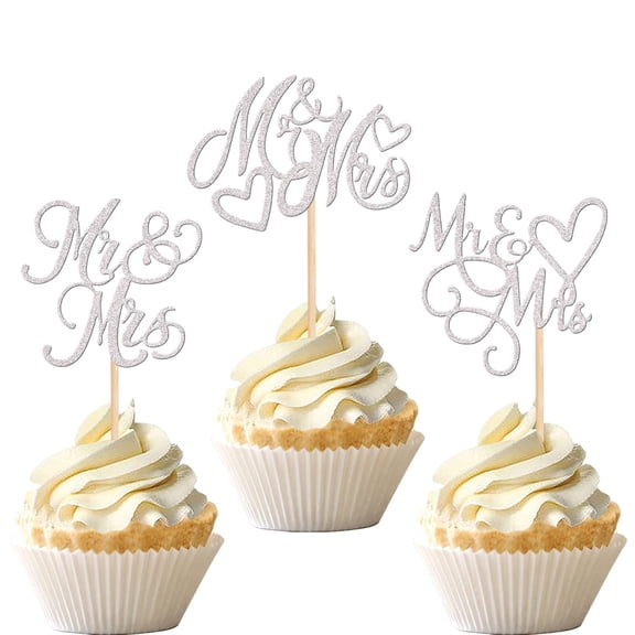 12 Pack Silver Glitter Mr & Mrs Cupcake Toppers, Wedding Cupcake Picks with Heart for Bridal Shower Engagement Party Cake Decorations Supplies