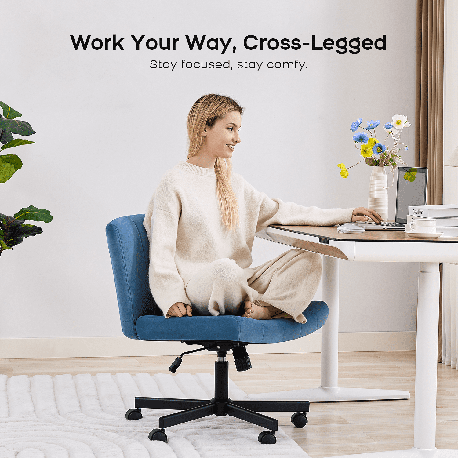 TMV Criss Cross Chair–Armless Office Chair, Fabric Padded Vanity Chair Computer Chair with Wheels, Wide Seat Swivel Desk Chair for Home Office，Navy Blue
