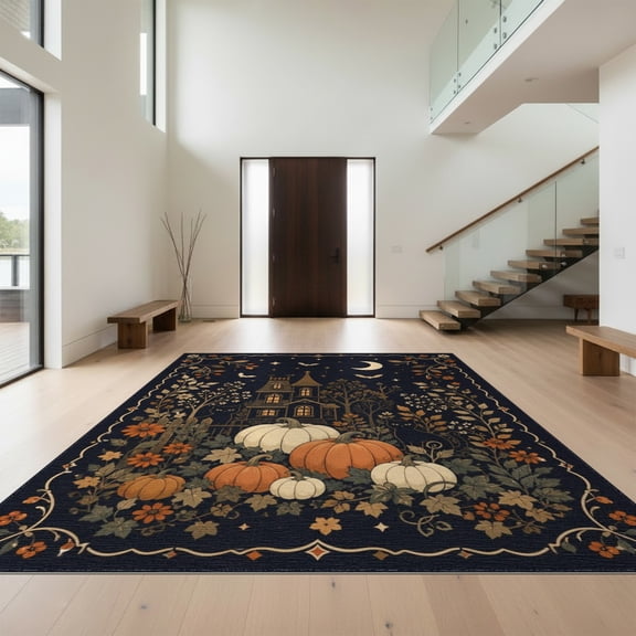 Design&I 8'x10' Washable Area Rug Extra Large Skid-Resistant Low Profile Midnight Black Enchanted Autumn Nightscape Gothic Manor Amidst Festive Pumpkin for Living Room, Family