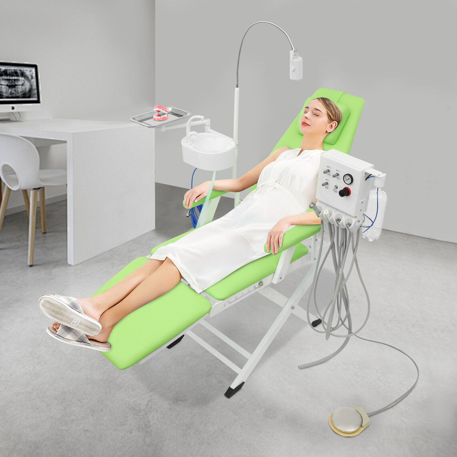 Portable Dental Chair with Tray+Spittoon+Hanging Turbine+LED Light Foldable 66.93*24.41in