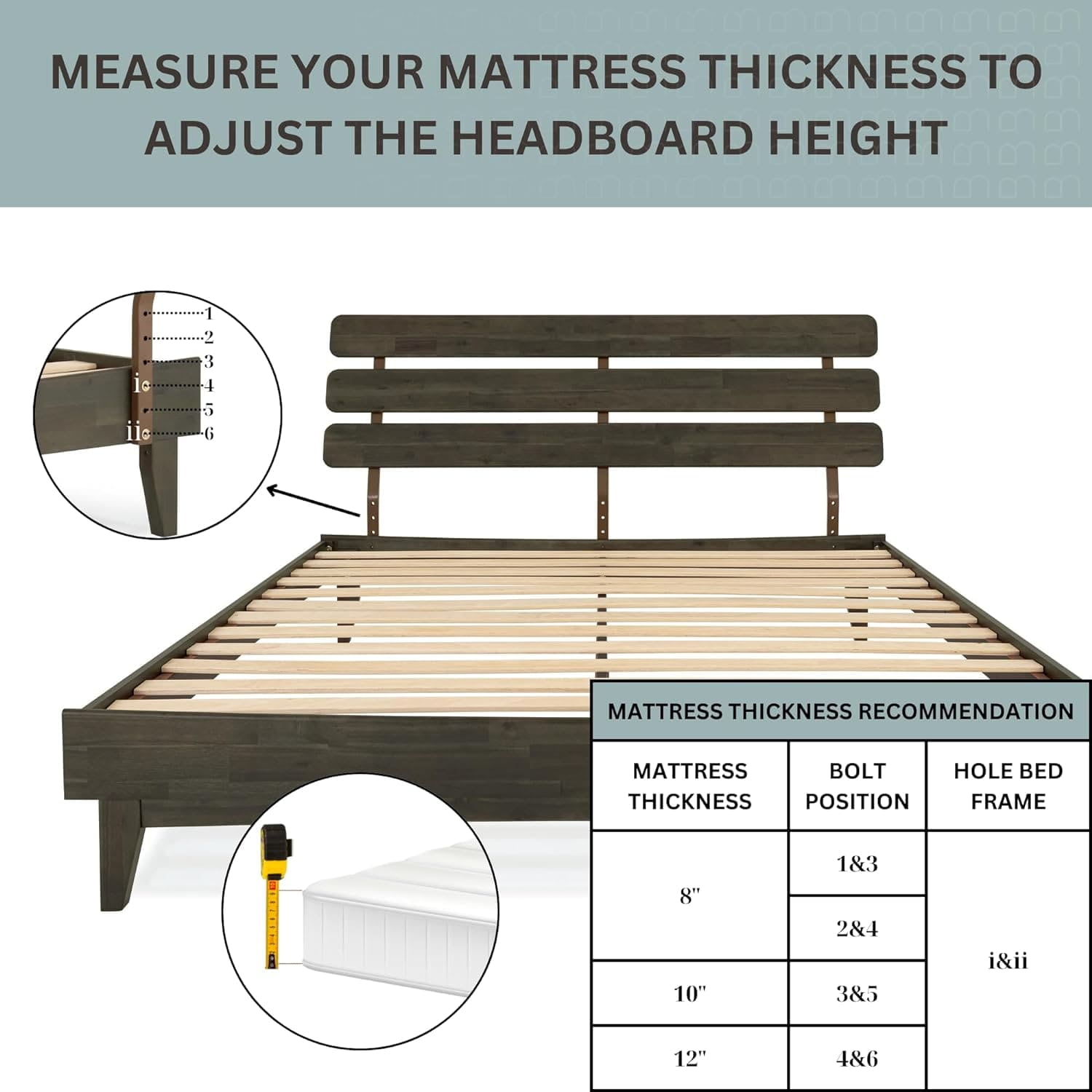 Dalen 45" King Bed Frame, Adjustable Headboard, Mid-Century, Solid Wood, Mocha