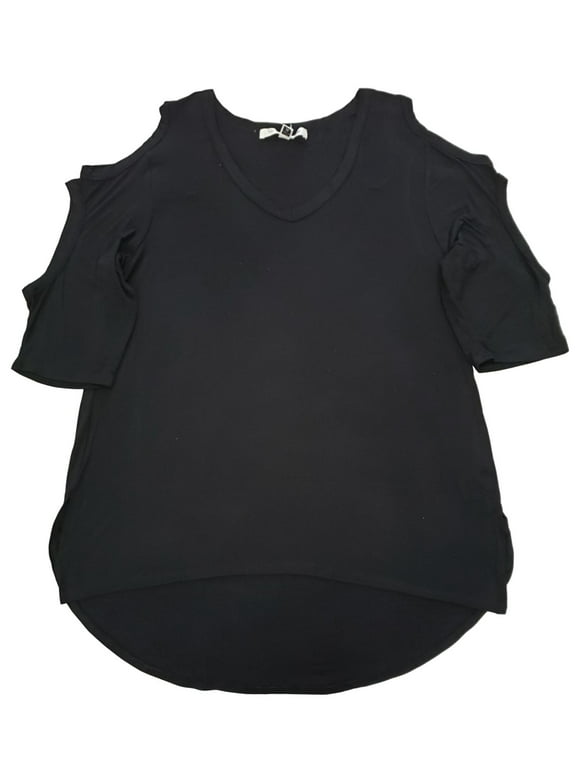 Womens Black Cold Shoulder Ruffle Short Sleeve T-Shirt Top Shirt M