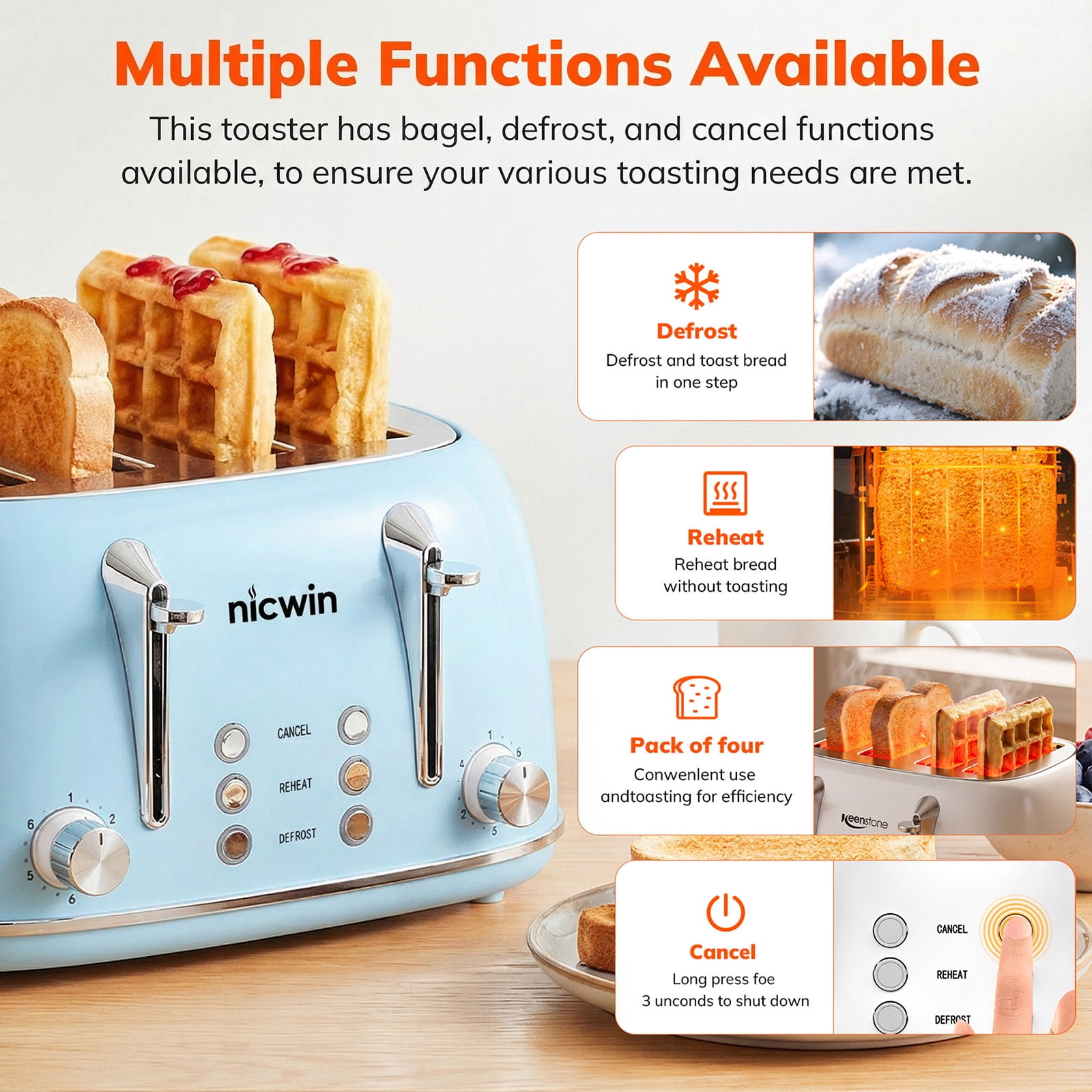NICWIN 4 Slice Toaster, Extra Wide Slots Bread Toaster, Toast Shade Selector, Defrost & Reheat Functions for Kitchen Apartment Essentials, Blue