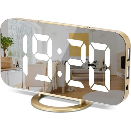 Digital Alarm Clock,6 Large LED Display with Dual USB Charger Ports | Auto Dimmer Mode | Easy Snooze Function, Modern Mirror Desk Wall Clock for Bedroom Home Office for All People (Gold)