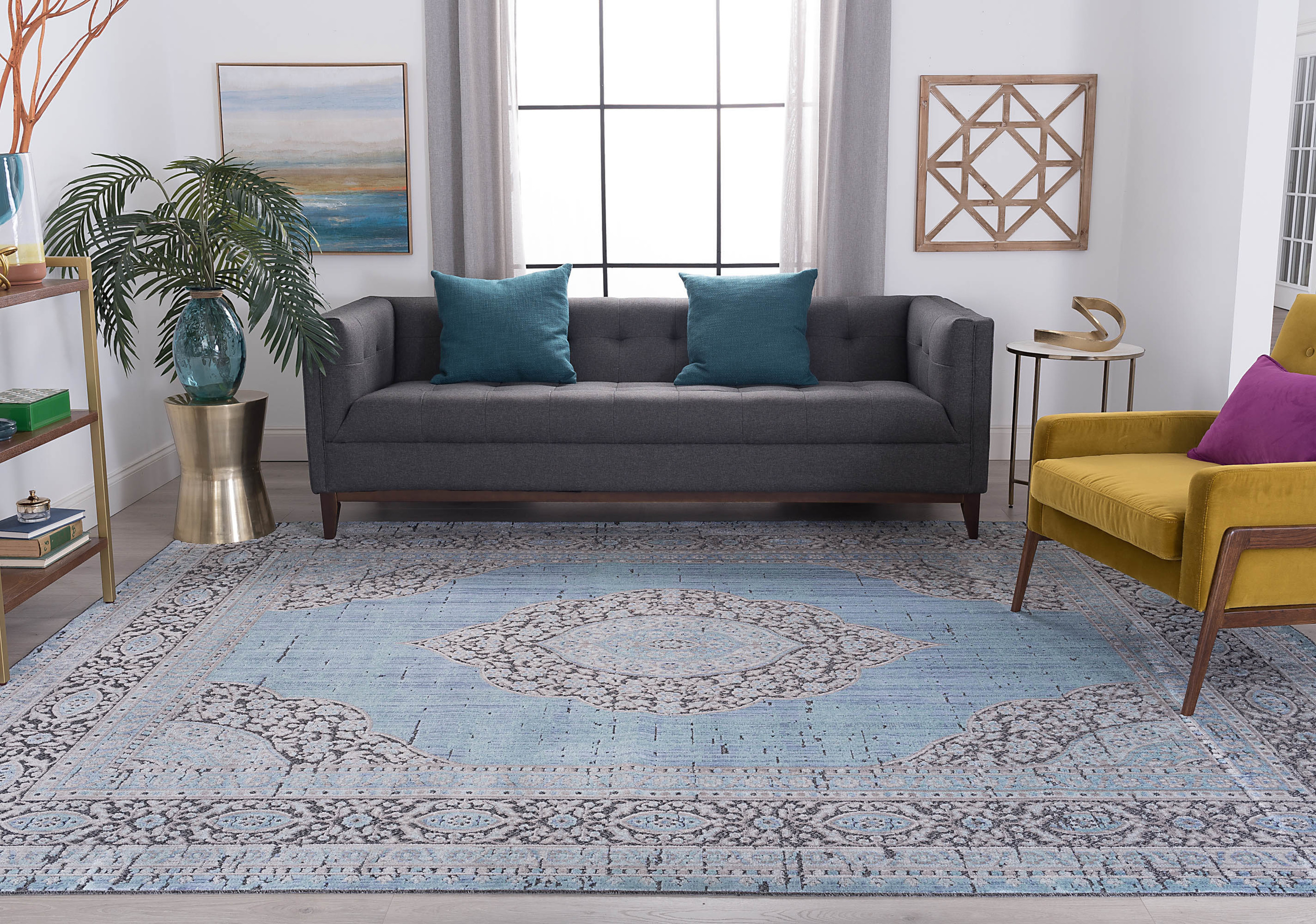 Traditional 8x10 Area Rug (7'10'' x 10'3'') Medallion Aqua, Cream Living Room Easy to Clean