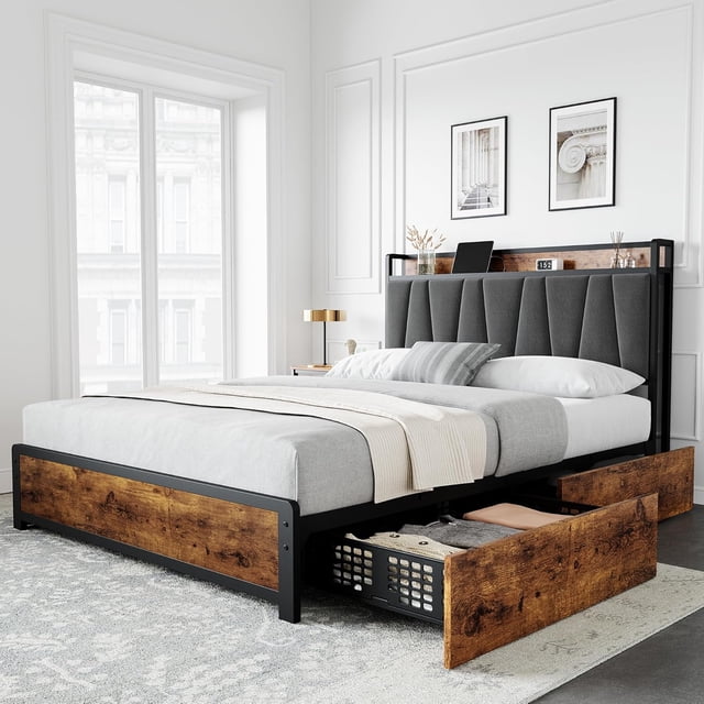 Queen Size Bed Frame with Storage Linen Upholstered Headboard, 4 Drawers Platform Bed Frame with Charging Station, No Box Spring Needed, Easy Assembly, Vintage Brown