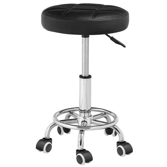 HOOBRO Round Rolling Stool with Wheels, Height Adjustable Swivel Stool, PU Leather Chair, Swivel Drafting Chair with Footrest, for Beauty Shop, Hair Salon, Bar, Studio, Black and Silver SB12BY01