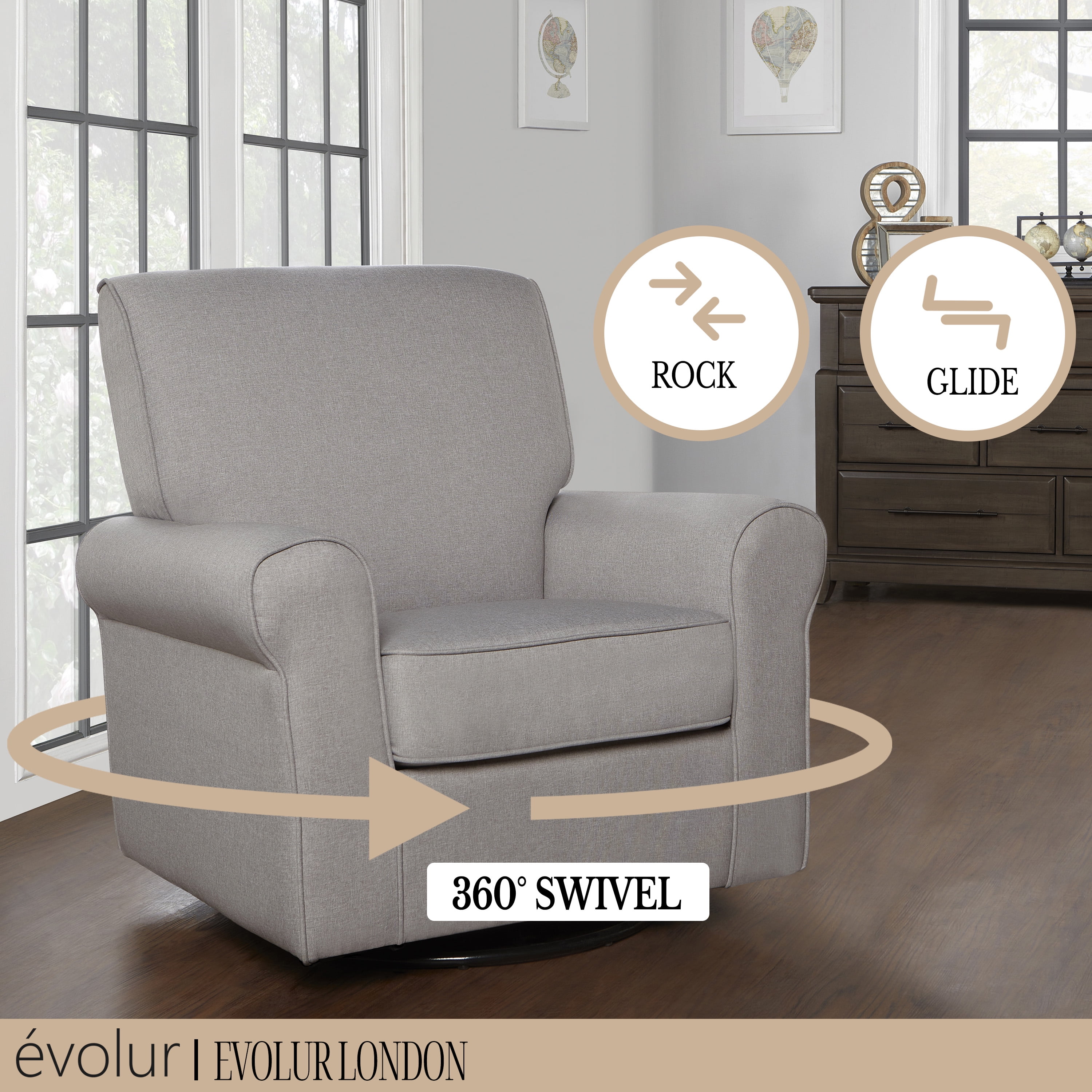 Evolur London Upholstered 360 Swivel l Glider I Rocker I Nursery Glider I Durable Soft Fabric in Fossil Finish