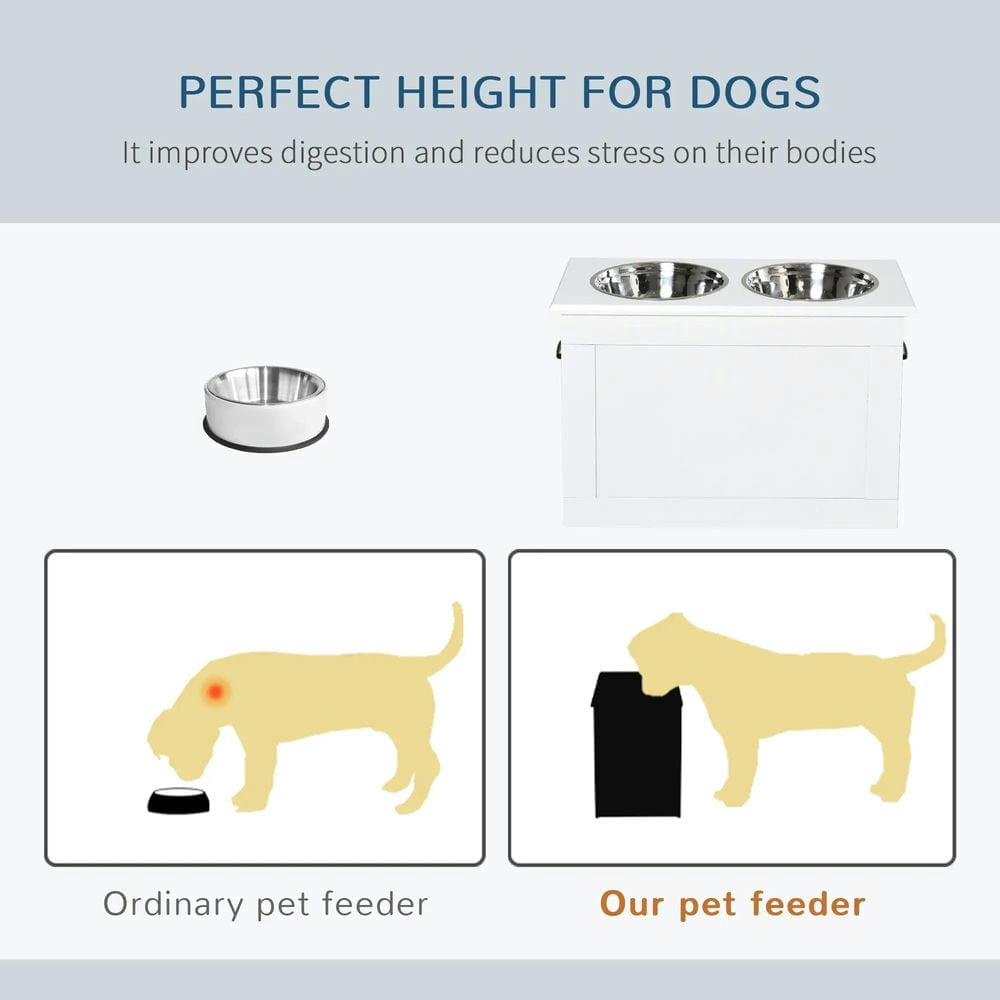 Resenkos Dog Bowls Holder,Dog Food Bowls,Raised Pet Feeding Storage Station with 2 Stainless Steel Bowls Base, White