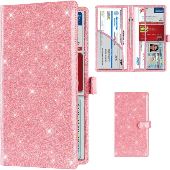 Car Registration and Insurance Card Holder, Vehicle License Document Glove Box Compartment Organizer, Interior Car Accessories for Women Men (Glitter Pink)